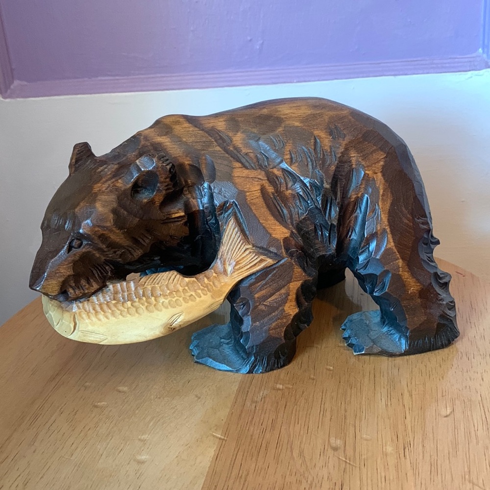 Japanese Fine Old Hand-Carved Cedar Wood Bear Higuma Grasping Salmon